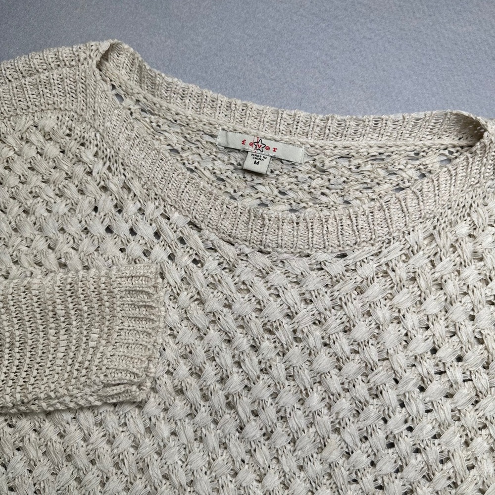 Fever Sweater Womens Medium Cream Basketweave Open Knit Crew Neck Pullover